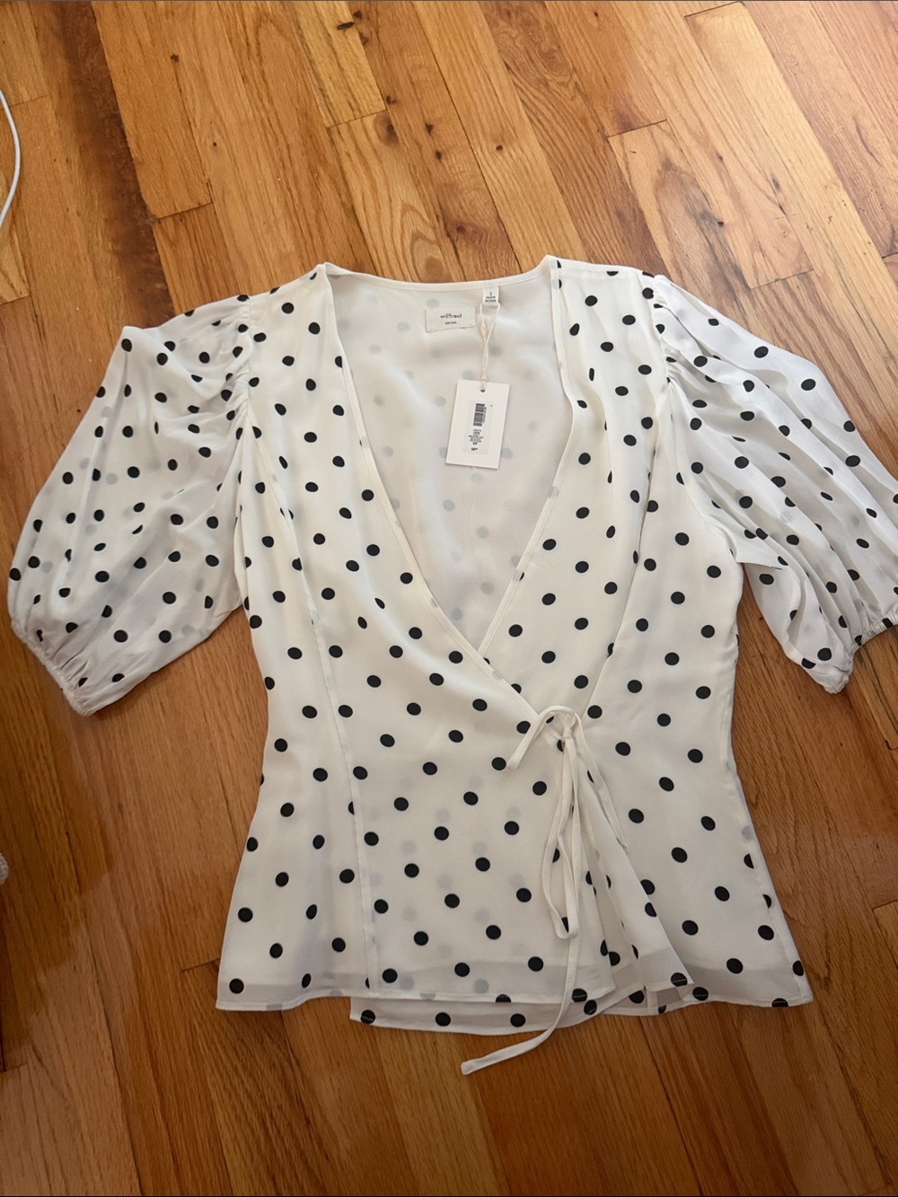 Aritzia White Wrap Blouse with Black Polka Dots